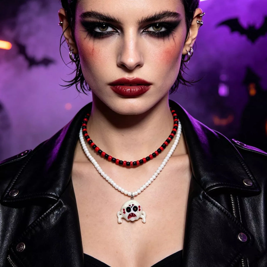 Gothic Skull Bead Double Layered Necklace White / One Size Apparel and Accessories