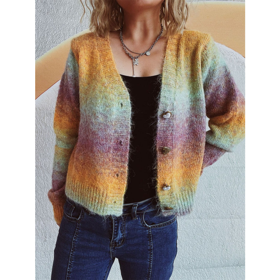 Gradient Heart Shape Button V-Neck Cardigan Apparel and Accessories