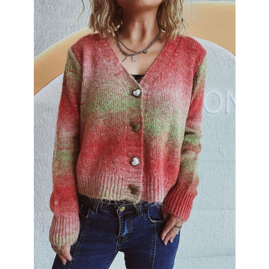 Gradient Heart Shape Button V-Neck Cardigan Apparel and Accessories