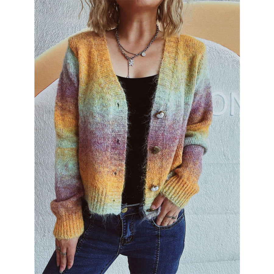 Gradient Heart Shape Button V-Neck Cardigan Apparel and Accessories