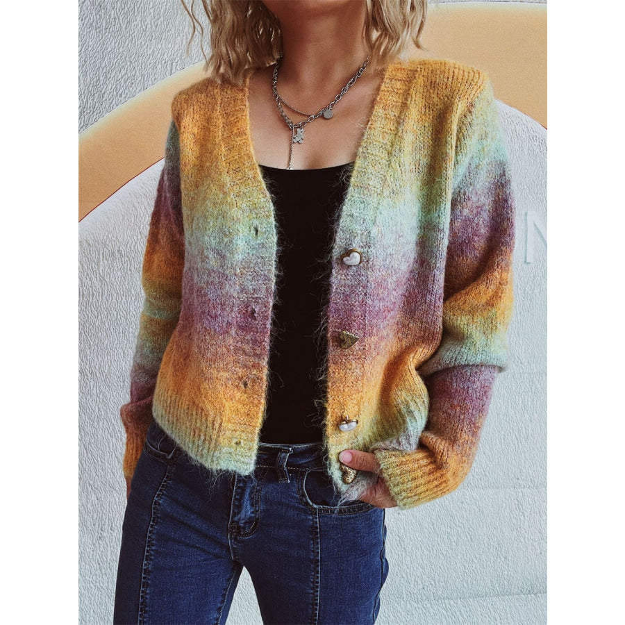 Gradient Heart Shape Button V-Neck Cardigan Apparel and Accessories