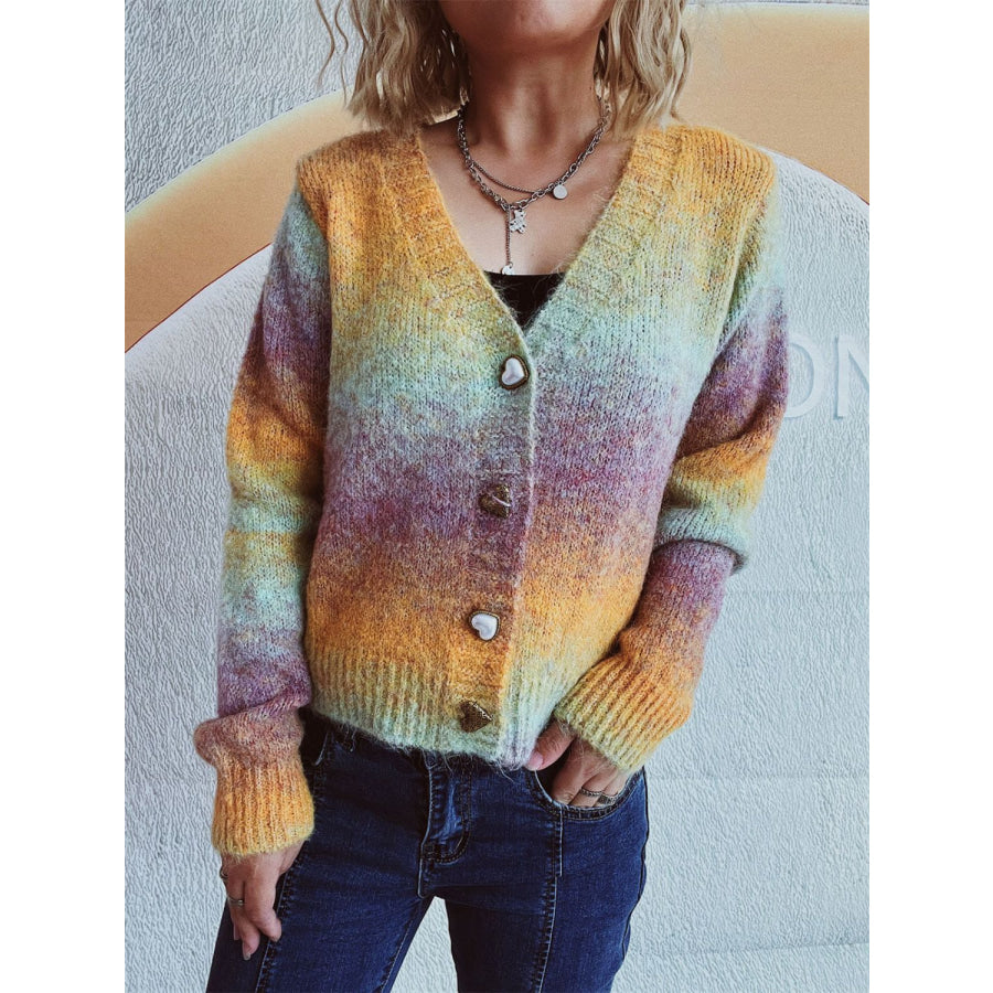 Gradient Heart Shape Button V-Neck Cardigan Apparel and Accessories