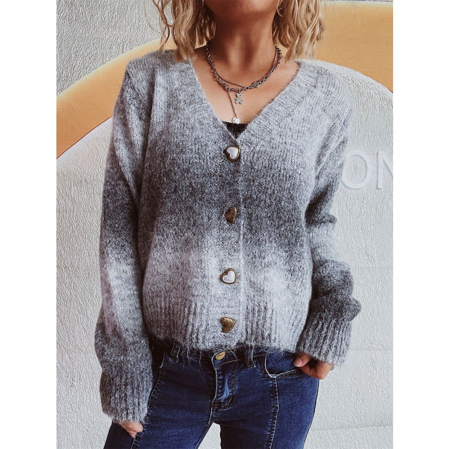 Gradient Heart Shape Button V-Neck Cardigan Gray / One Size Apparel and Accessories