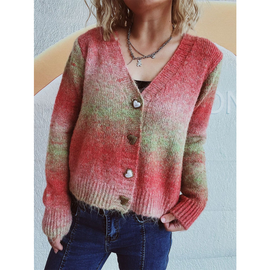 Gradient Heart Shape Button V-Neck Cardigan Orange-Red / One Size Apparel and Accessories