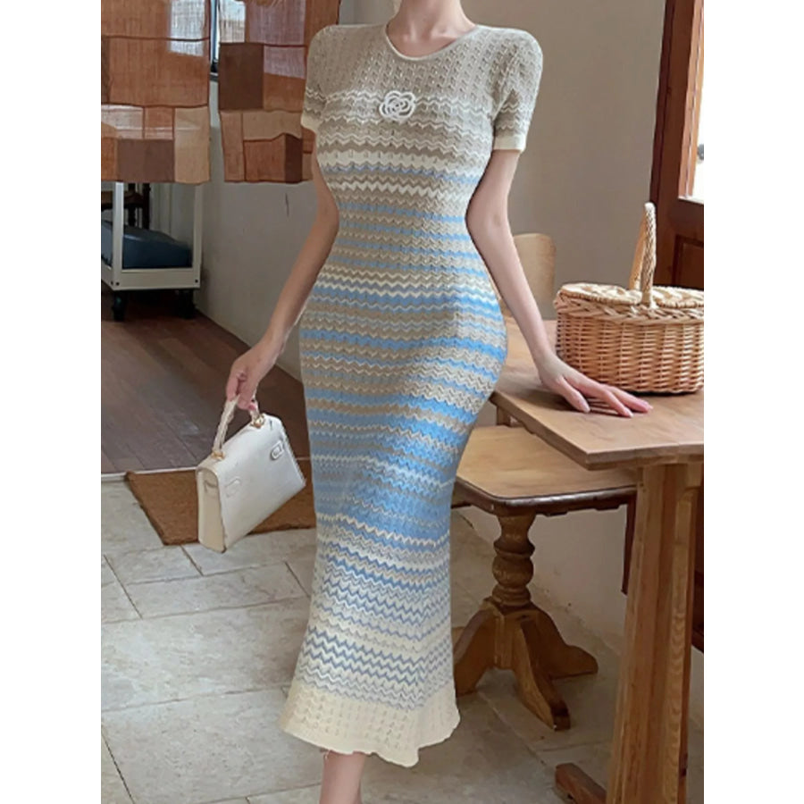 Gradient Knit Striped Short Sleeve Midi Dress Light Blue / S Apparel and Accessories
