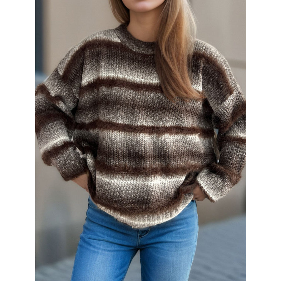 Gradient Round Neck Dropped Shoulder Sweater Apparel and Accessories