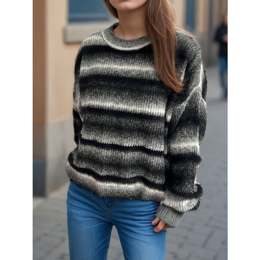 Gradient Round Neck Dropped Shoulder Sweater Apparel and Accessories