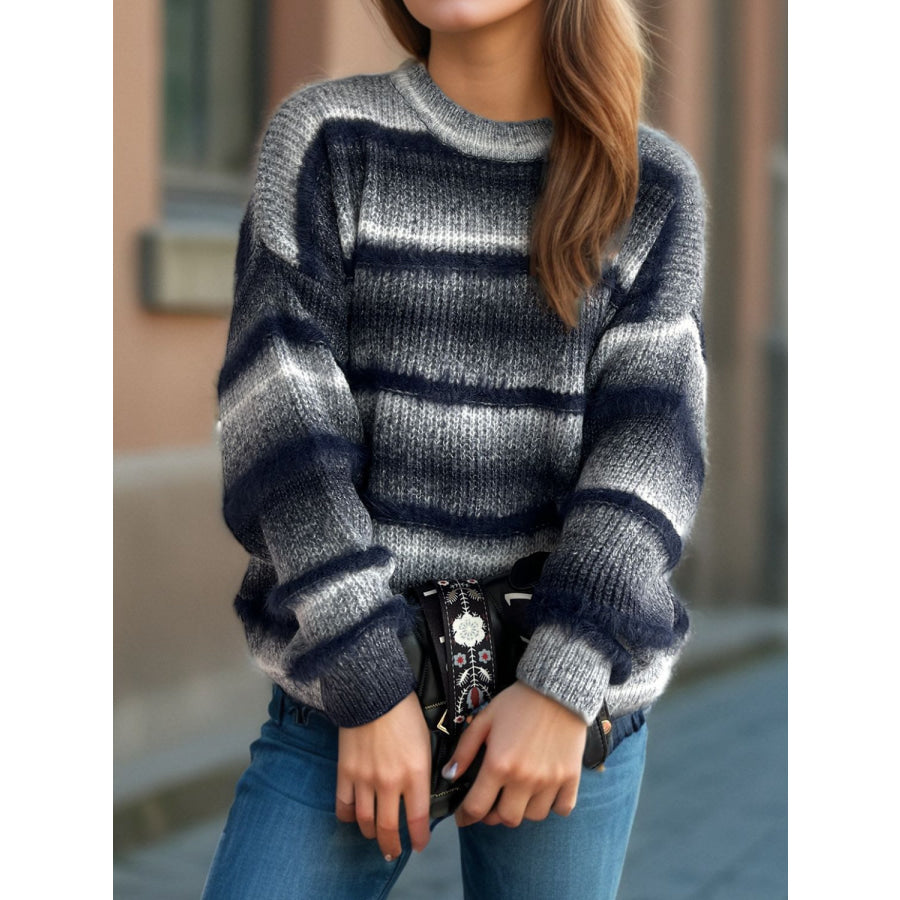 Gradient Round Neck Dropped Shoulder Sweater Apparel and Accessories