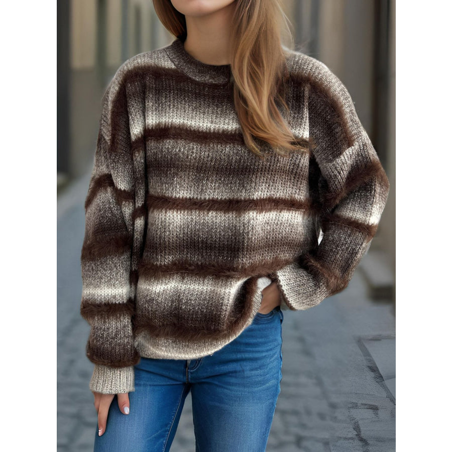 Gradient Round Neck Dropped Shoulder Sweater Apparel and Accessories