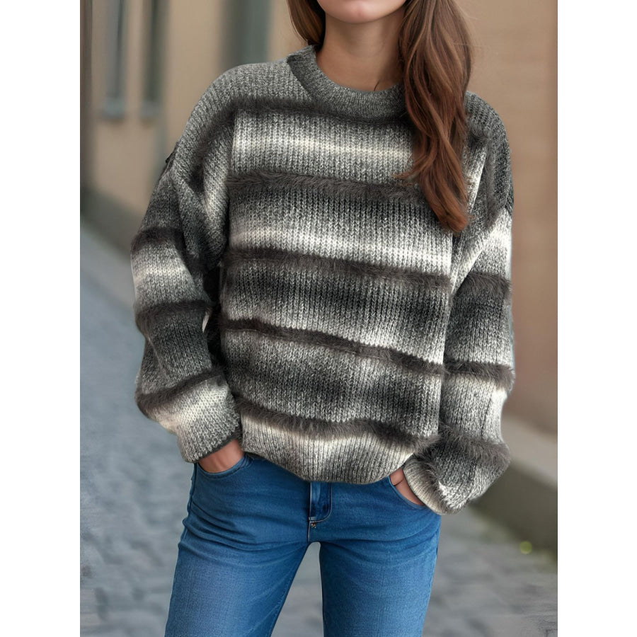 Gradient Round Neck Dropped Shoulder Sweater Apparel and Accessories