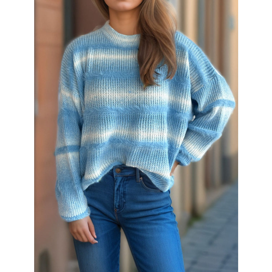 Gradient Round Neck Dropped Shoulder Sweater Apparel and Accessories