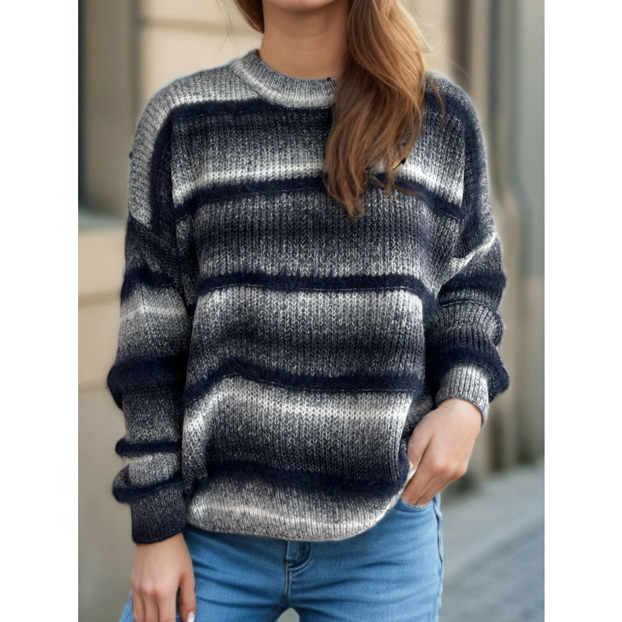 Gradient Round Neck Dropped Shoulder Sweater Apparel and Accessories