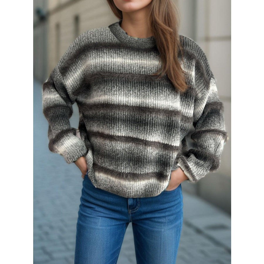 Gradient Round Neck Dropped Shoulder Sweater Apparel and Accessories