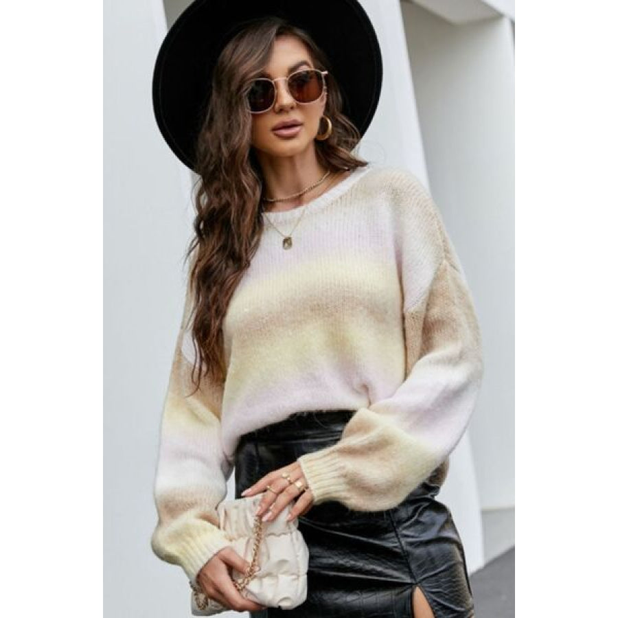 Gradient Round Neck Dropped Shoulder Sweater Apparel and Accessories