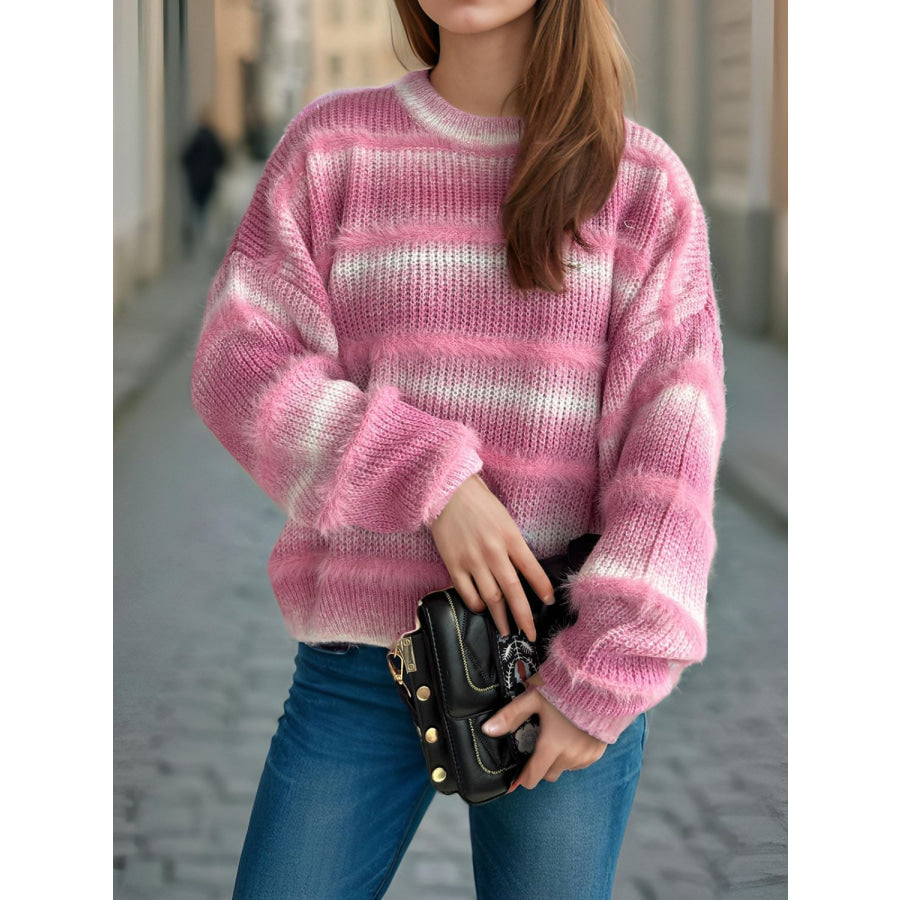 Gradient Round Neck Dropped Shoulder Sweater Apparel and Accessories