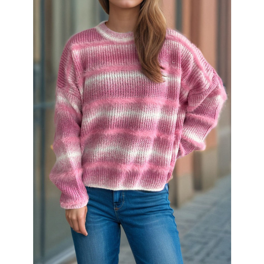 Gradient Round Neck Dropped Shoulder Sweater Apparel and Accessories