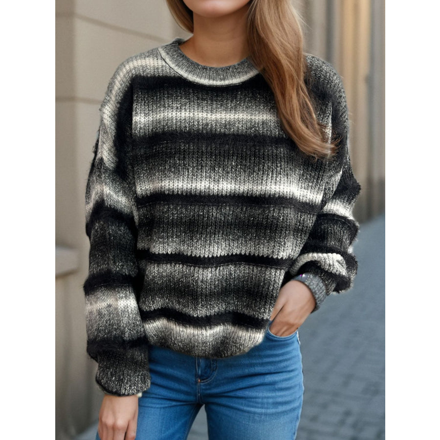 Gradient Round Neck Dropped Shoulder Sweater Apparel and Accessories