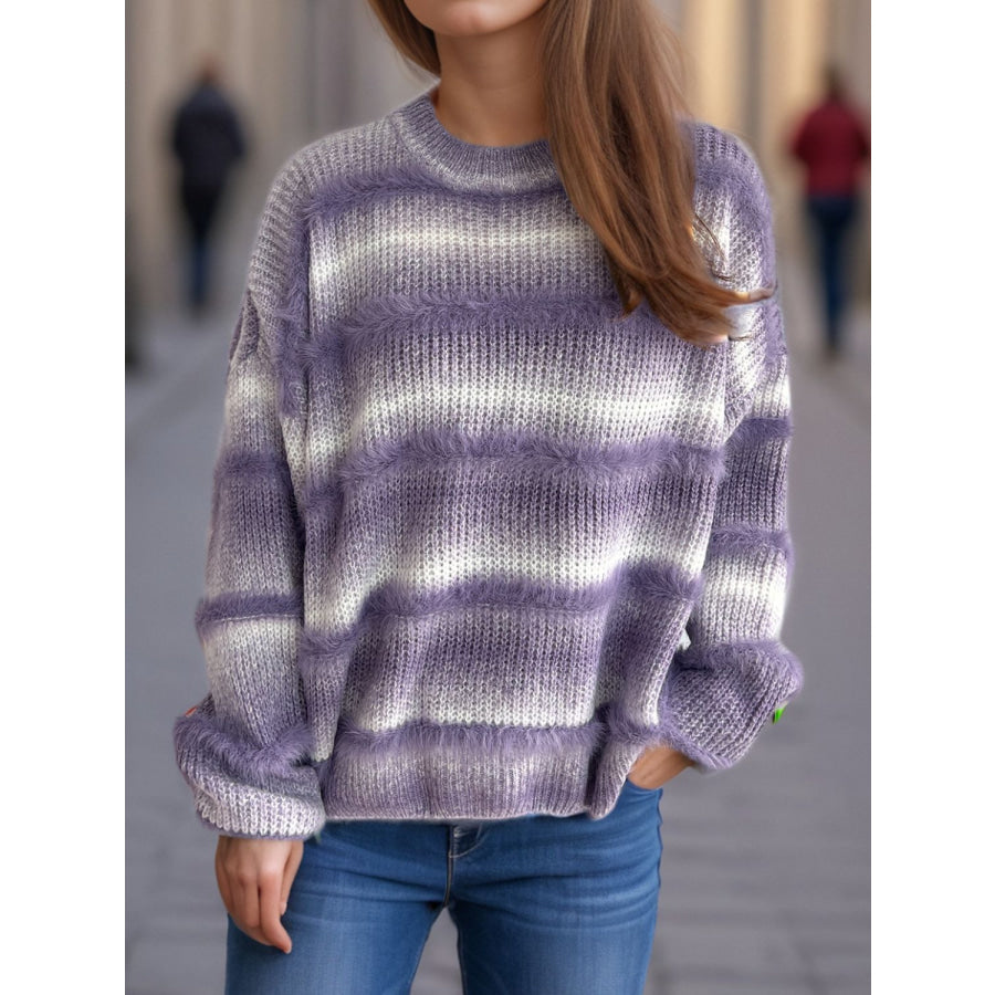 Gradient Round Neck Dropped Shoulder Sweater Apparel and Accessories