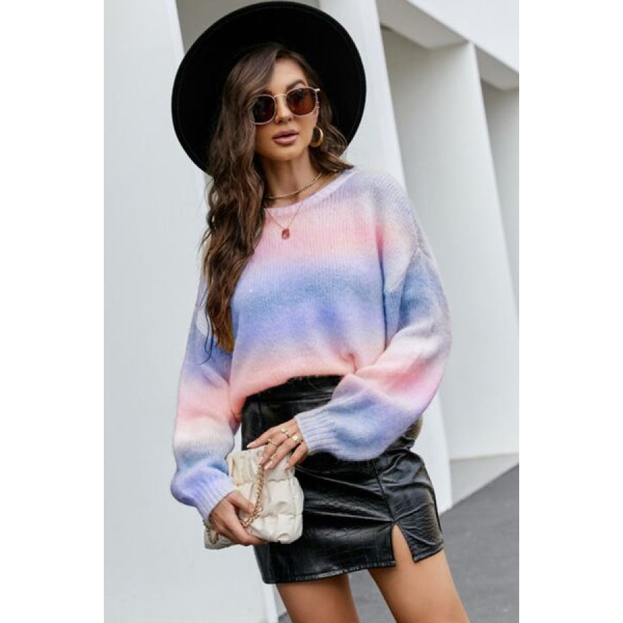 Gradient Round Neck Dropped Shoulder Sweater Apparel and Accessories