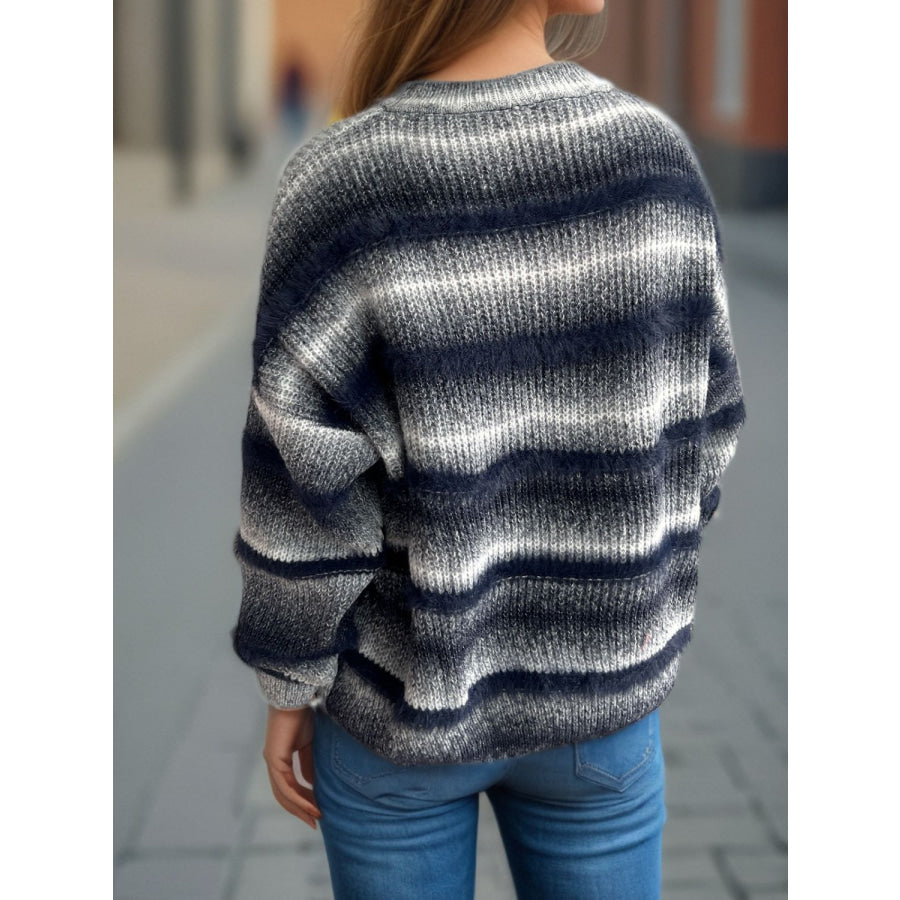 Gradient Round Neck Dropped Shoulder Sweater Apparel and Accessories