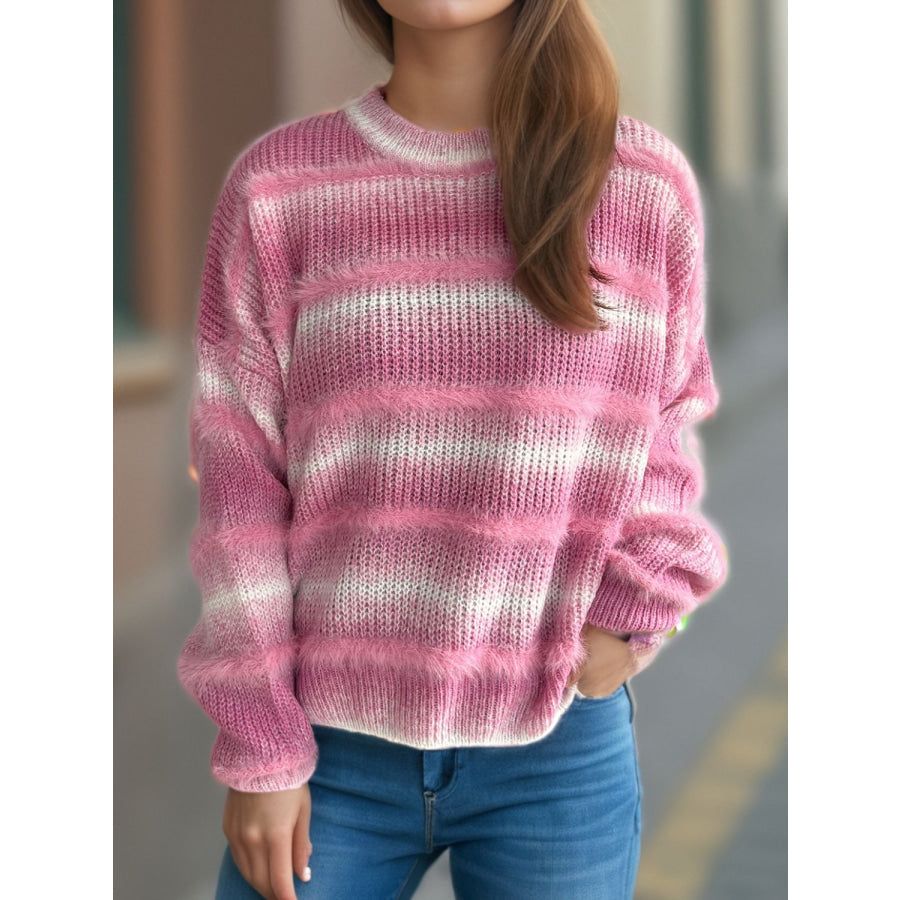 Gradient Round Neck Dropped Shoulder Sweater Apparel and Accessories