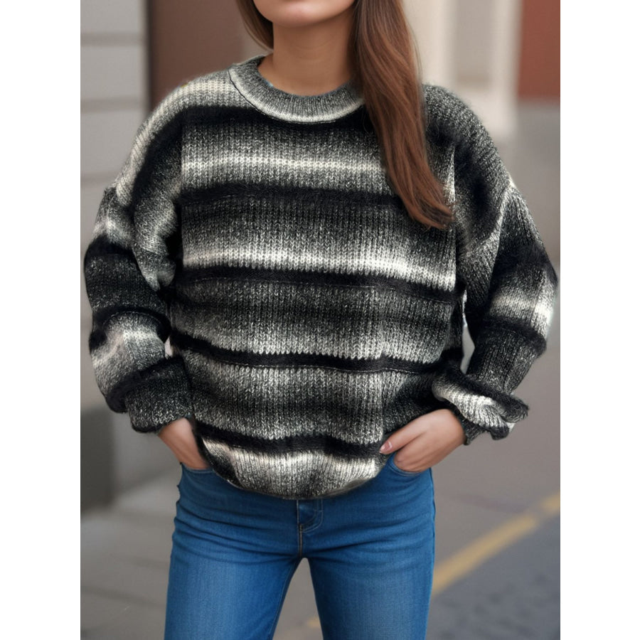 Gradient Round Neck Dropped Shoulder Sweater Black / One Size Apparel and Accessories