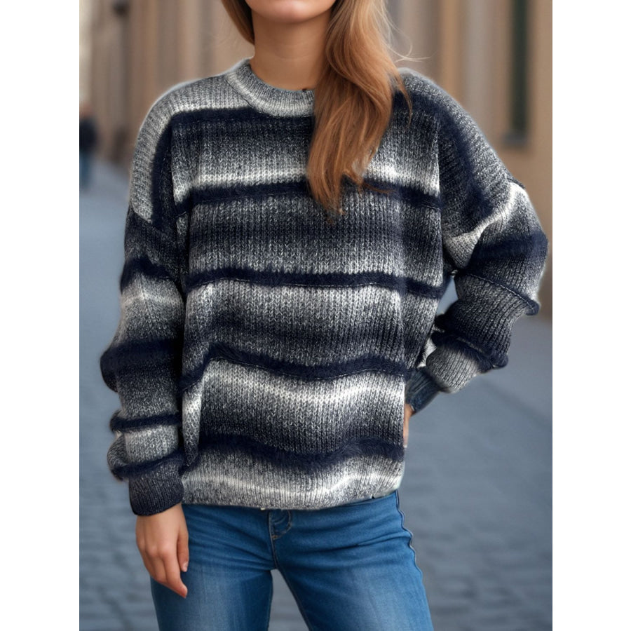 Gradient Round Neck Dropped Shoulder Sweater Dark Blue / One Size Apparel and Accessories