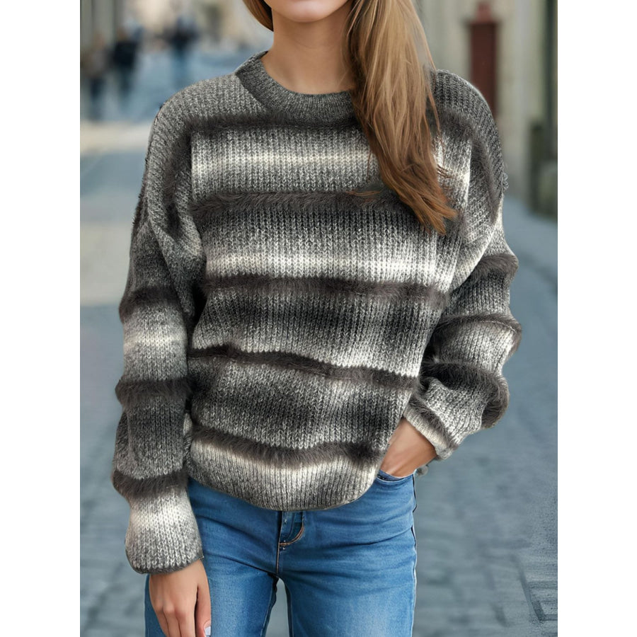 Gradient Round Neck Dropped Shoulder Sweater Dark Gray / One Size Apparel and Accessories