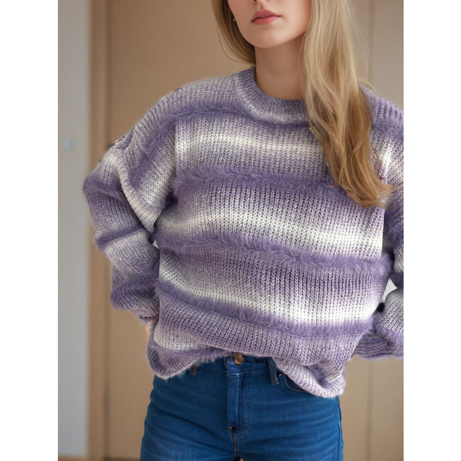 Gradient Round Neck Dropped Shoulder Sweater Lilac / One Size Apparel and Accessories