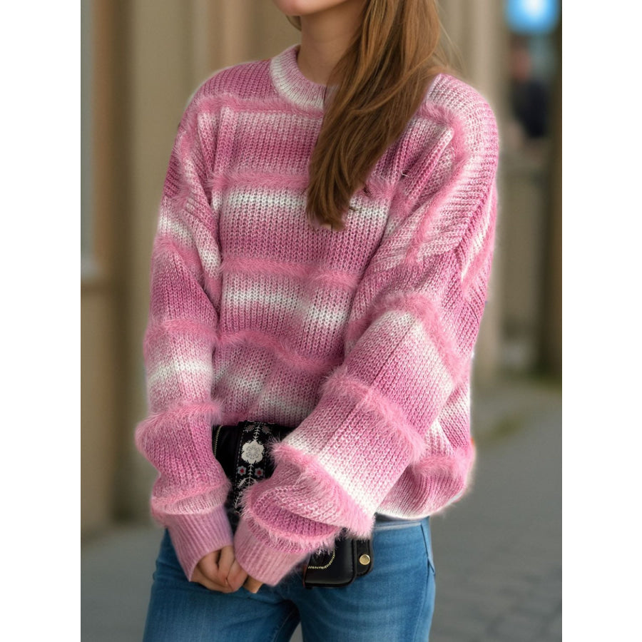 Gradient Round Neck Dropped Shoulder Sweater Pink / One Size Apparel and Accessories