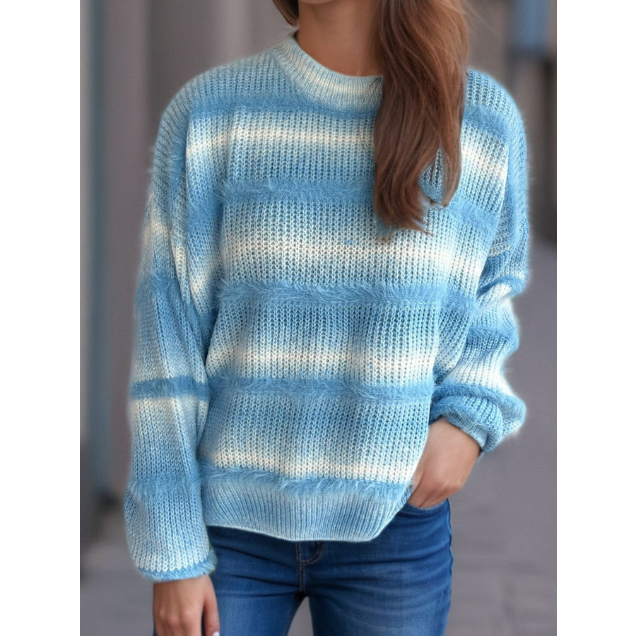 Gradient Round Neck Dropped Shoulder Sweater Sky Blue / One Size Apparel and Accessories