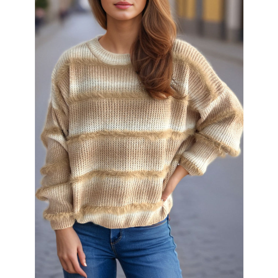 Gradient Round Neck Dropped Shoulder Sweater Tan / One Size Apparel and Accessories