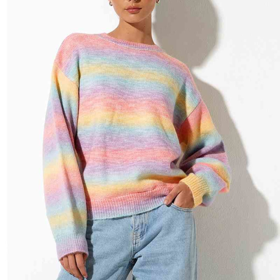 Gradient Round Neck Long Sleeve Sweater Blush Pink / S