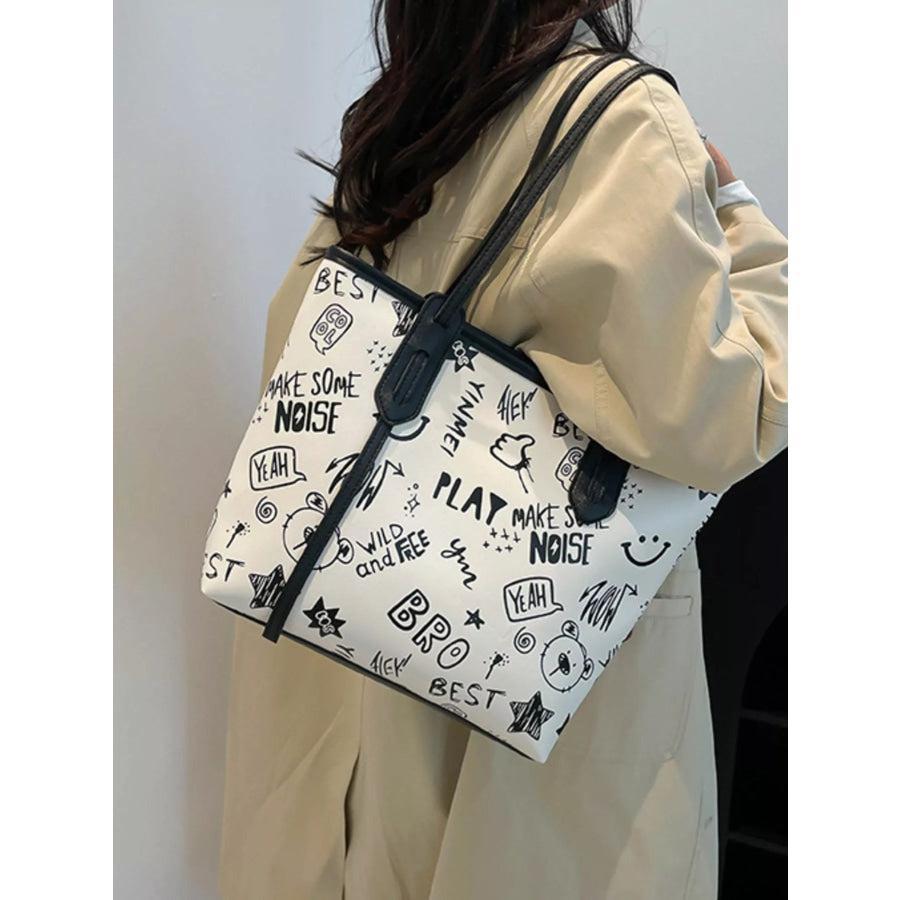 Graffiti Print Casual Tote Bag Black / One Size Apparel and Accessories