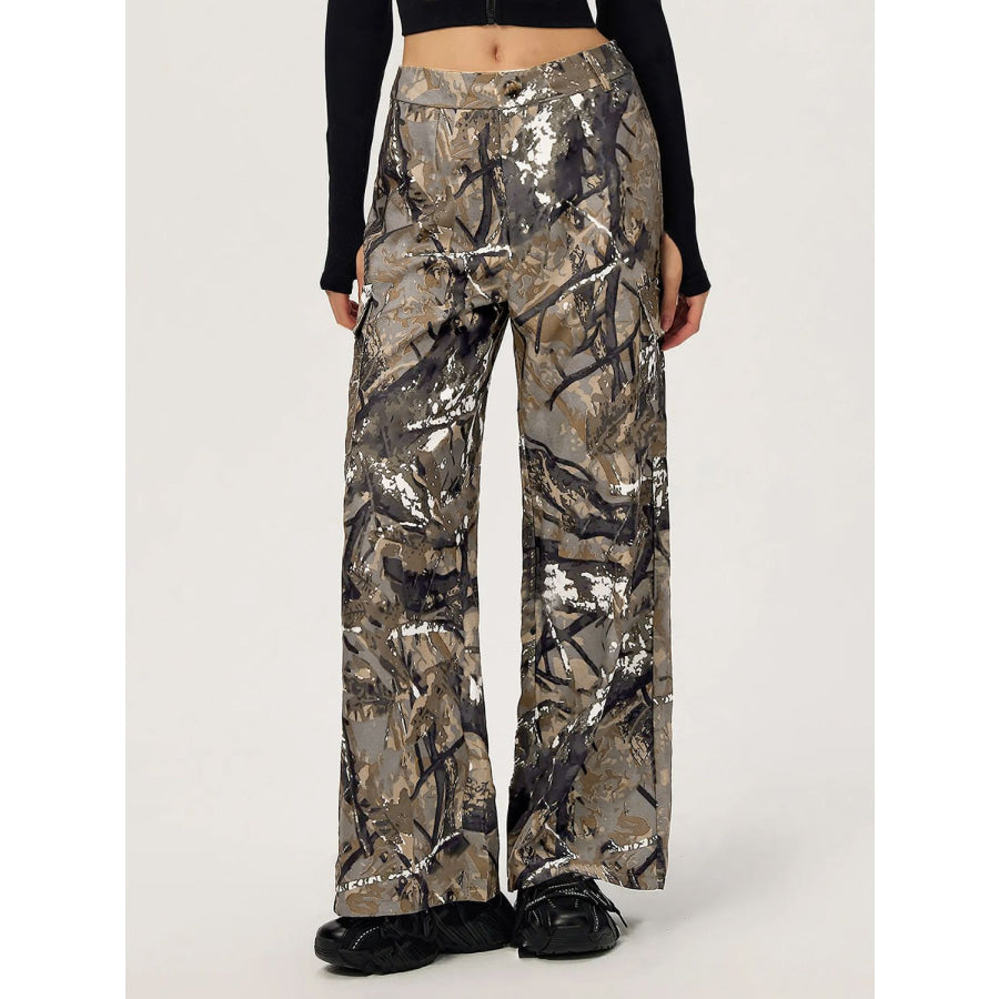 Graffiti Printed Wide Leg Cargo Pants Khaki / S Apparel and Accessories