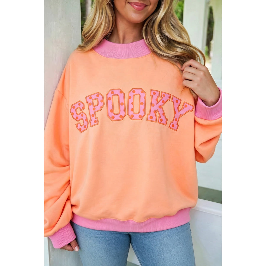 Grapefruit Orange Contrast Polka Dot Slogan Graphic Color Block Mock Neck Plus Sweatshirt / 1X Size/Plus Size Sweatshirts & Hoodies