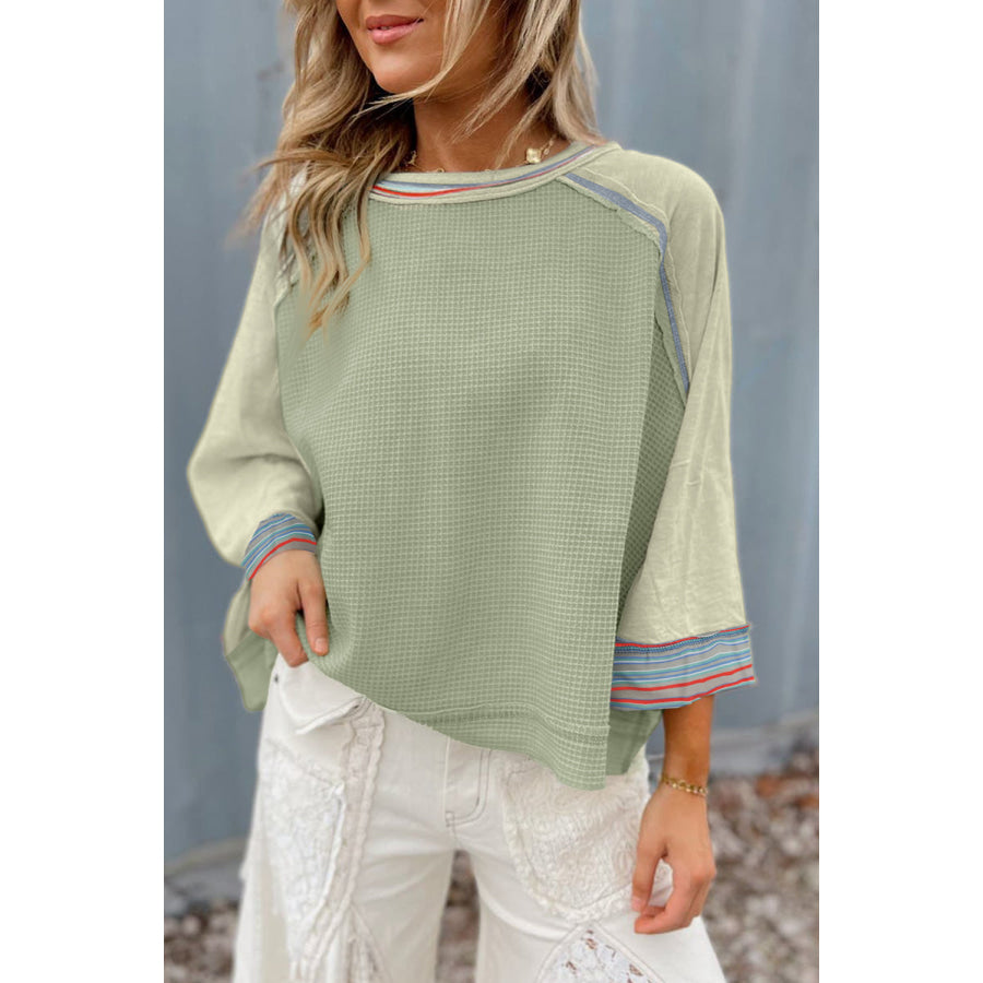 Grapefruit Orange Waffle Knit Wide Bracelet Sleeve Patchwork Raglan Top Meadow Mist Green / S / 95% Polyester + 5% Elastane Tops/Long