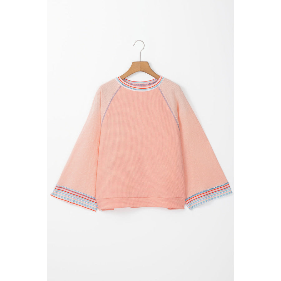 Grapefruit Orange Waffle Knit Wide Bracelet Sleeve Patchwork Raglan Top Tops/Long Sleeve Tops