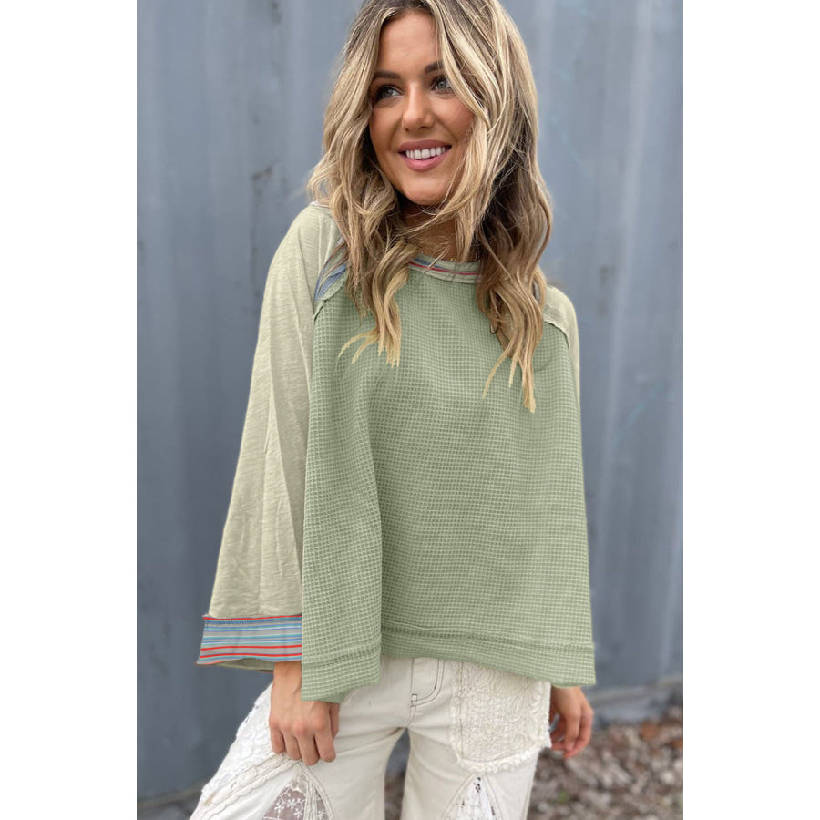 Grapefruit Orange Waffle Knit Wide Bracelet Sleeve Patchwork Raglan Top Tops/Long Sleeve Tops