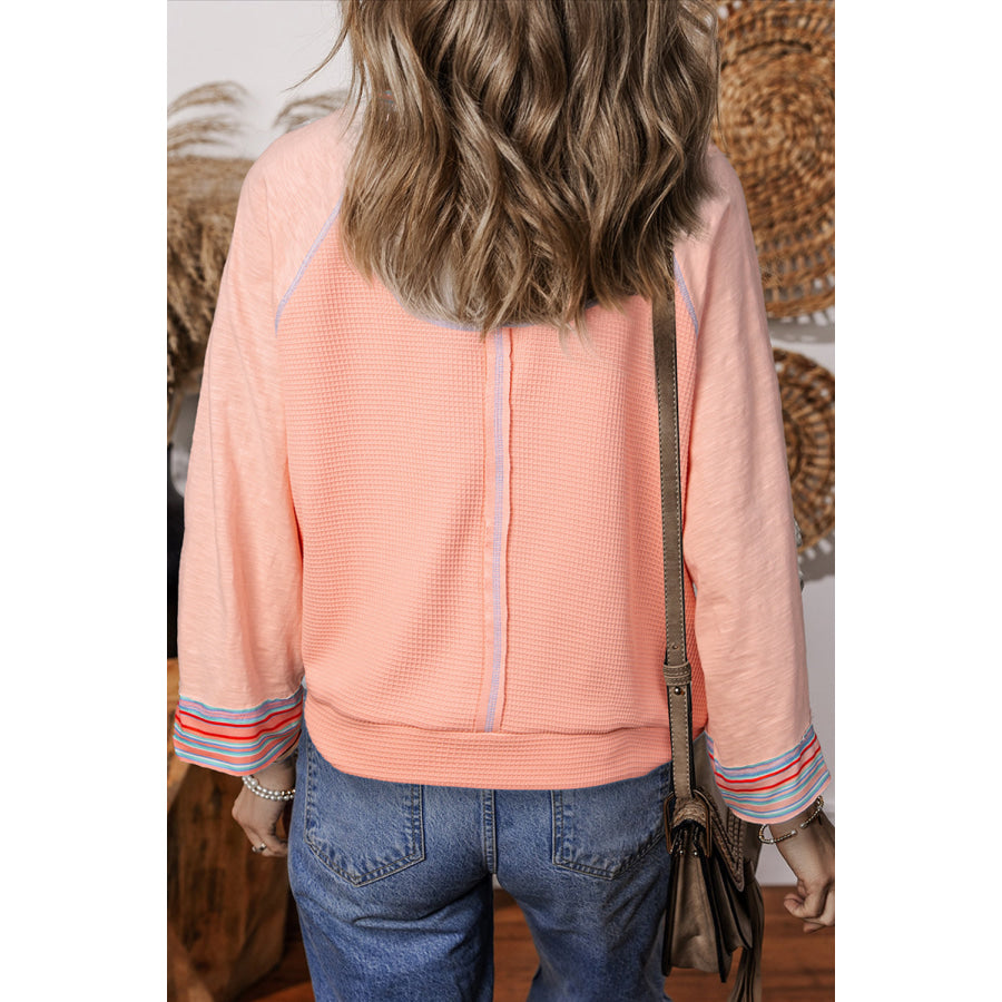 Grapefruit Orange Waffle Knit Wide Bracelet Sleeve Patchwork Raglan Top Grapefruit Orange / S / 95% Polyester + 5% Elastane Tops/Long