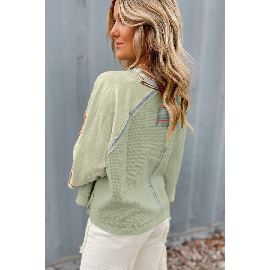 Grapefruit Orange Waffle Knit Wide Bracelet Sleeve Patchwork Raglan Top Tops/Long Sleeve Tops