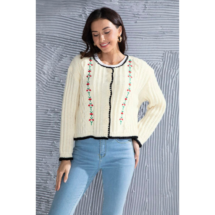 Graphic Cable-Knit Button Up Cardigan Clothing