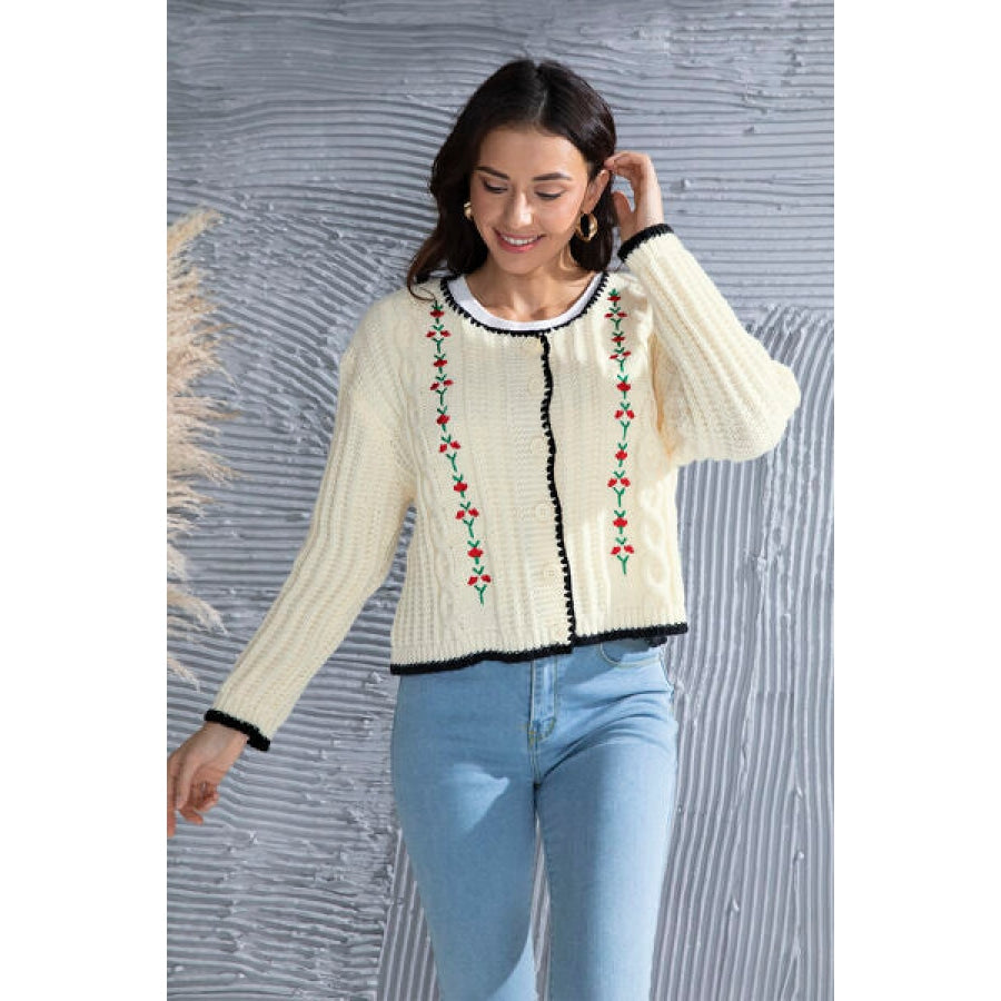 Graphic Cable-Knit Button Up Cardigan Clothing