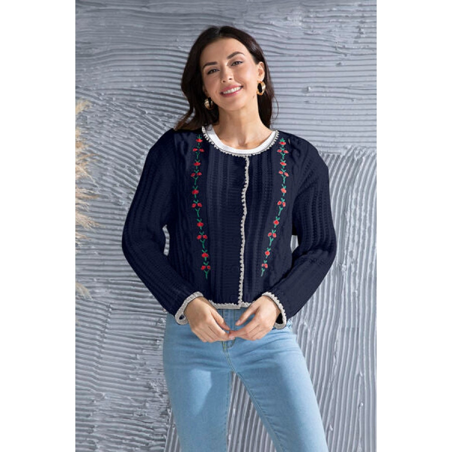 Graphic Cable-Knit Button Up Cardigan Navy / S Clothing