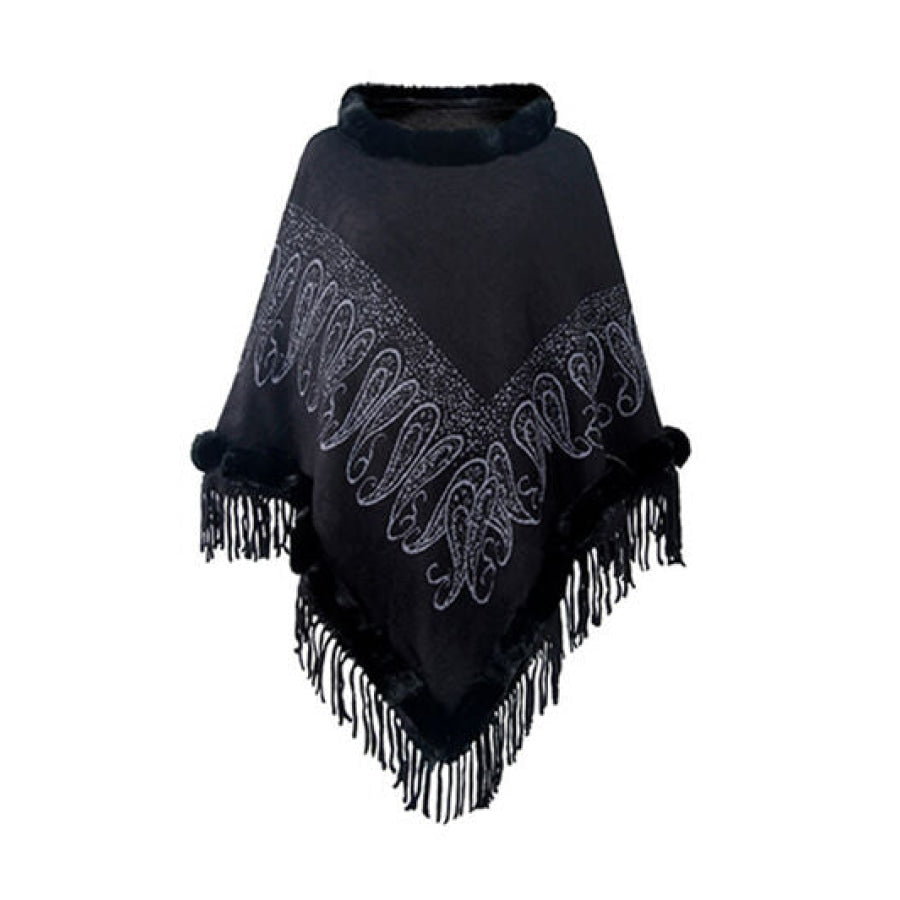 Graphic Fringe Cape Sleeve Poncho Black / One Size Clothing