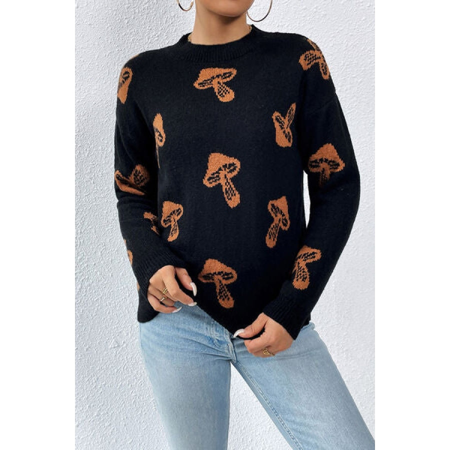 Graphic Mock Neck Dropped Shoulder Sweater Black / S Clothing