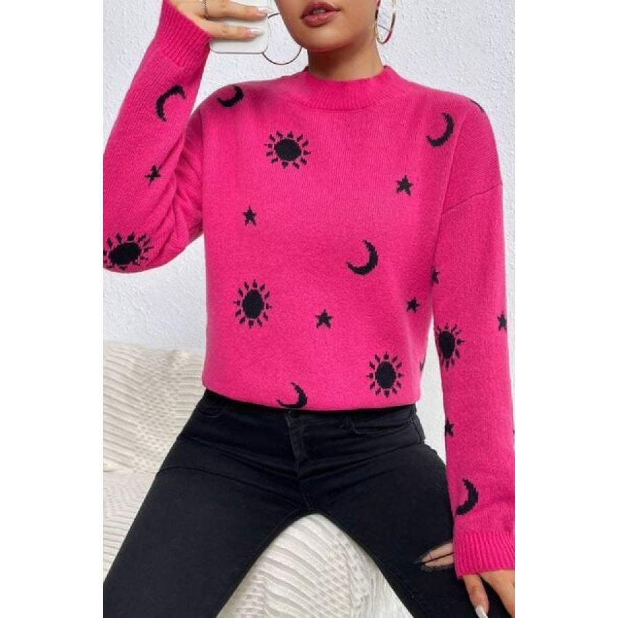 Graphic Mock Neck Dropped Shoulder Sweater Clothing