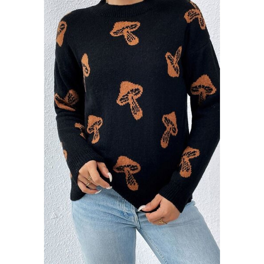 Graphic Mock Neck Dropped Shoulder Sweater Clothing