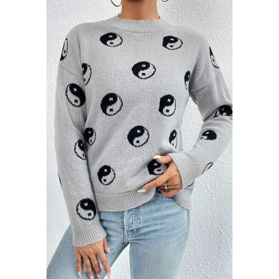 Graphic Mock Neck Dropped Shoulder Sweater Clothing