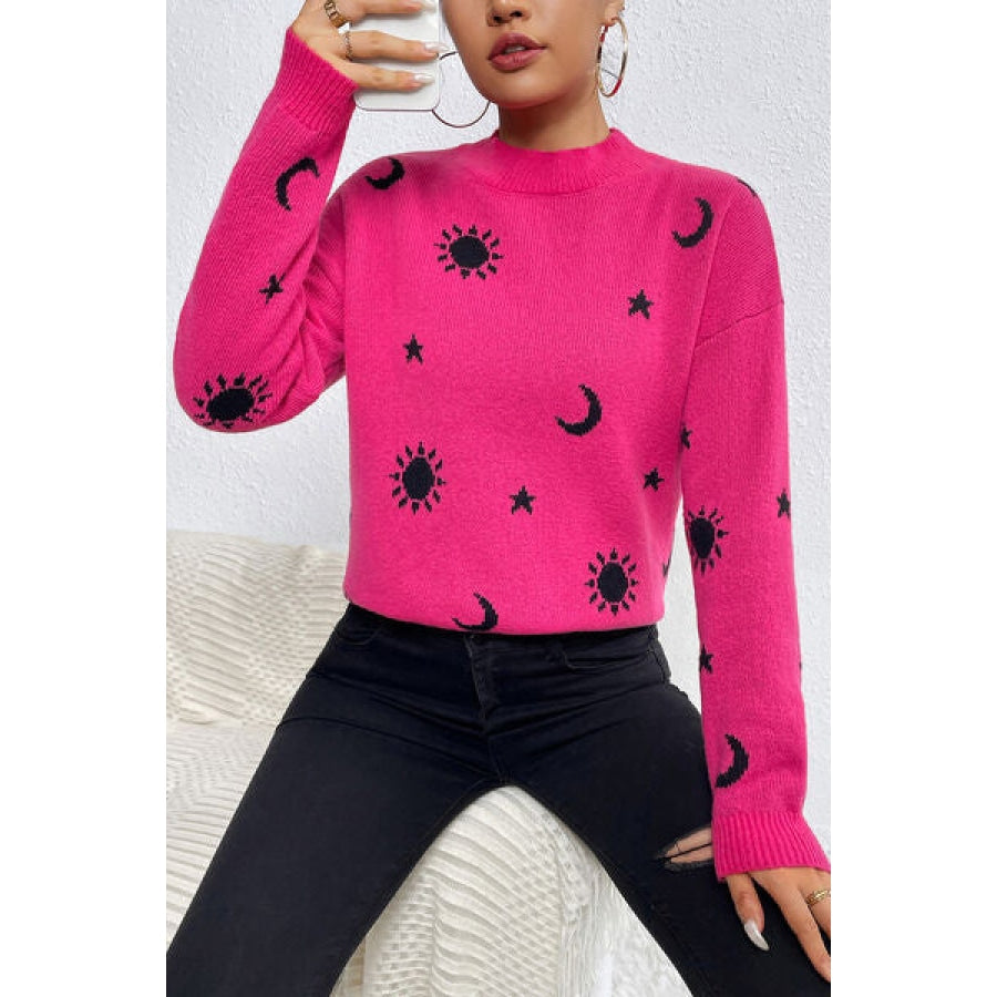 Graphic Mock Neck Dropped Shoulder Sweater Hot Pink / S Clothing